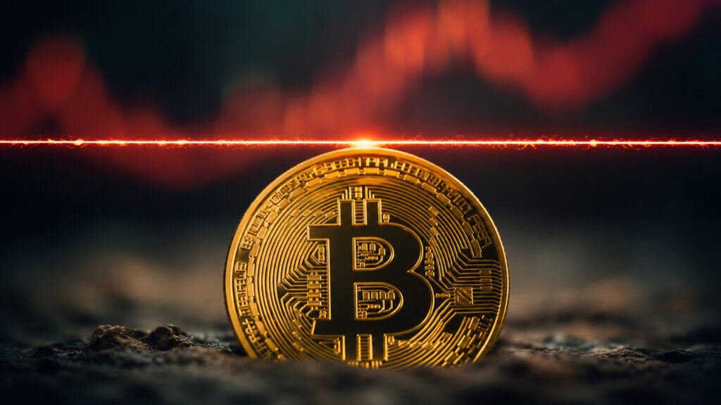 Bitcoin hovering near a glowing technical support line as traders monitor the 200-day moving average during a volatile crypto market trend