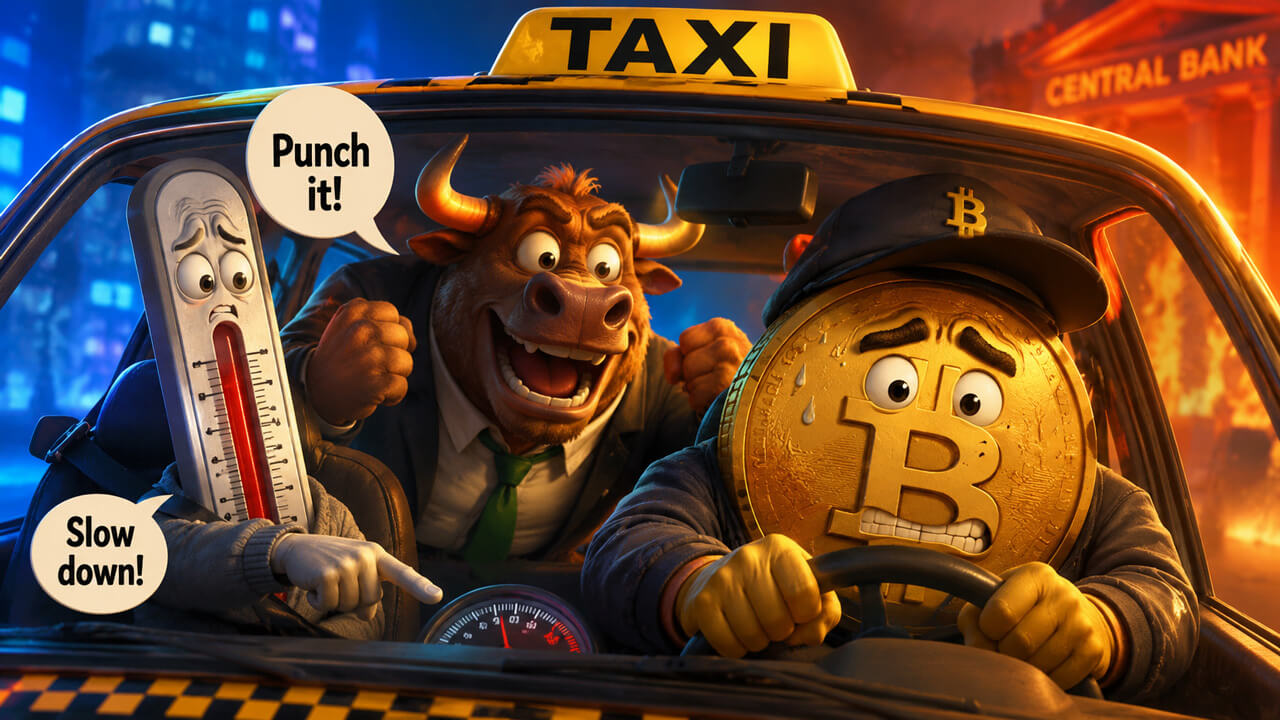 Cartoon Bitcoin driver squeezed between a bullish passenger and Fed rate-hike fears in a taxi.