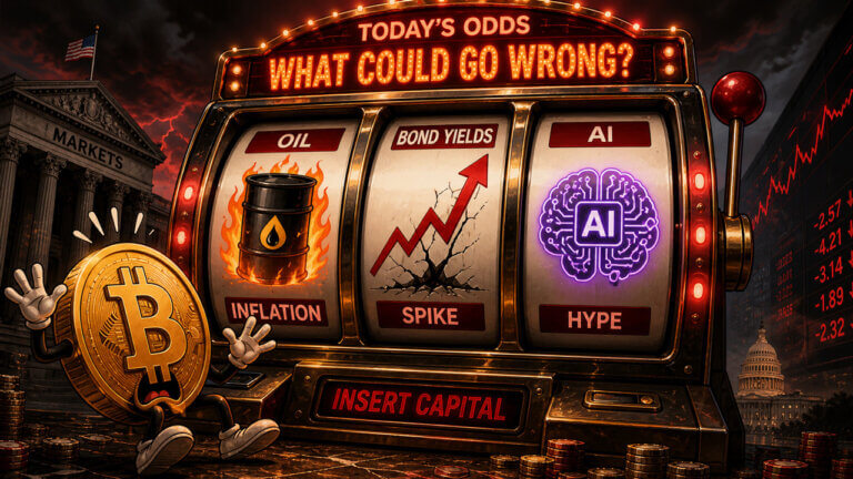 Bitcoin cartoon beside a market slot machine showing oil inflation, rising bond yields, and AI hype as macro pressures weigh on stock markets
