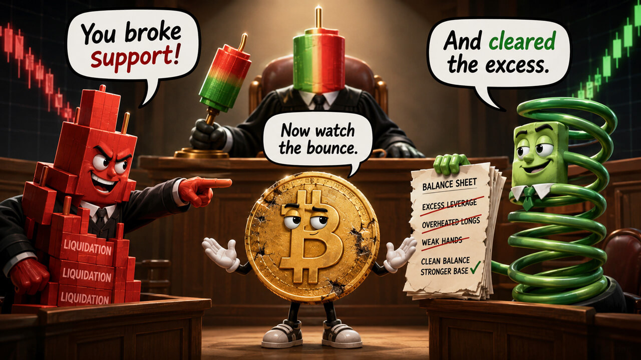Cartoon of Bitcoin in court between red liquidation blocks and a green spring, showing support break and excess leverage clearing before a potential rebound.