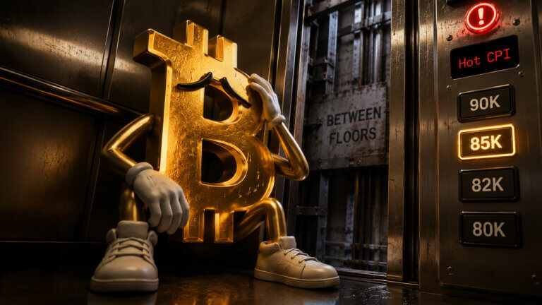 Worried Bitcoin character trapped in an elevator between price levels after hot CPI inflation data raised fears of renewed interest rate hikes