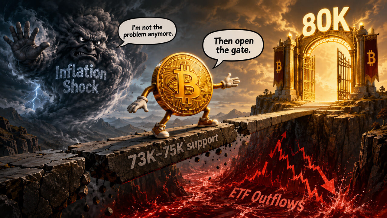 Bitcoin approaches an $80K gate after holding $73K–$75K support, while inflation pressure and ETF outflows remain downside risks.