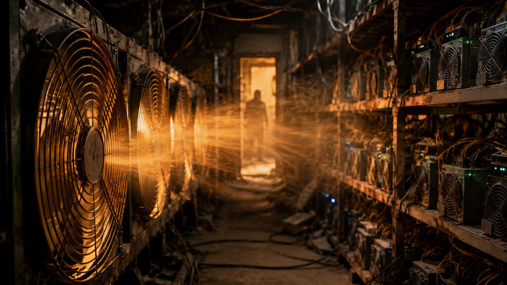 Rows of overheating crypto mining rigs powered by industrial fans inside a hidden warehouse operation tied to illegal electricity theft and underground Bitcoin mining networks