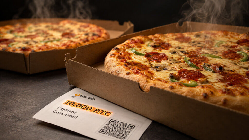 Two pizzas beside a receipt showing a 10,000 BTC payment commemorating Bitcoin Pizza Day and the first real-world Bitcoin transaction