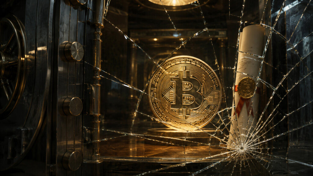 Bitcoin displayed behind cracked glass inside a vault as weakening ETF inflows contrast with renewed crypto market optimism following the CLARITY Act policy breakthrough