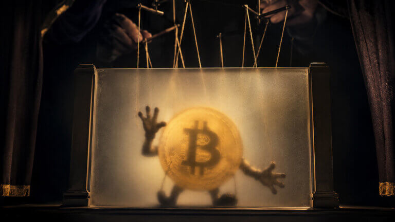 Shadowy figures controlling a hidden Bitcoin puppet behind a translucent screen, symbolizing privacy tools that require trust in new crypto intermediaries