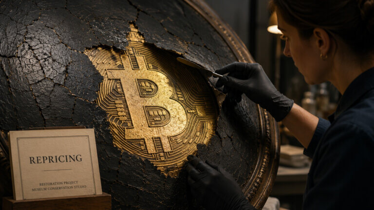 Restorer revealing a hidden Bitcoin symbol beneath cracked layers as Bitcoin surges past $82,000 following easing tensions around the Hormuz operation and oil market volatility