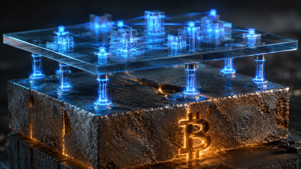 Illustration of Bitcoin infrastructure secured by glowing validator nodes and mining power supporting a transparent DeFi network despite weak miner fee growth