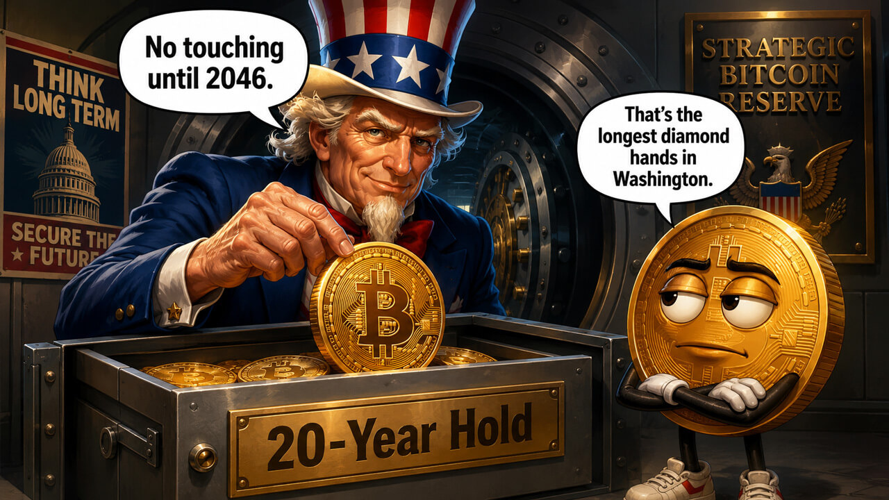 Uncle Sam placing a Bitcoin coin into a 20-year hold vault for a Strategic Bitcoin Reserve.