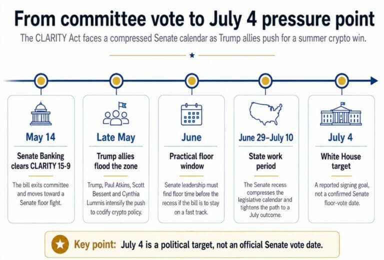 Trump’s crypto push hits the Senate vote math behind CLARITY Act’s July