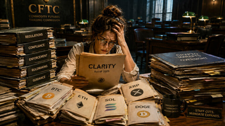 Overworked CFTC staffer reviewing the CLARITY Act amid stacks of crypto market oversight files highlighting concerns over staffing shortages and expanding regulatory demands