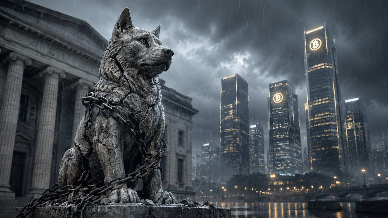 Chained wolf statue outside a regulatory building with Bitcoin-branded skyline reflecting debate over expanded CFTC crypto oversight and industry scrutiny of regulators