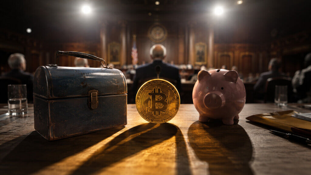 Bitcoin positioned between a worker’s toolbox and retirement piggy bank during a US congressional hearing over crypto exposure in pension and labor investment funds