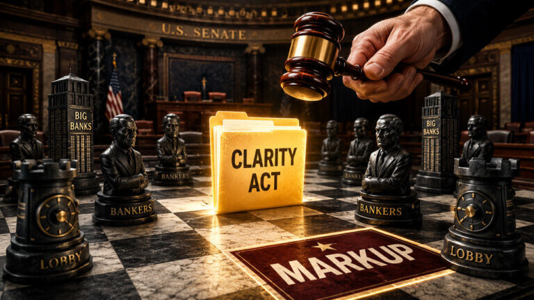 U.S. Senate scene showing the CLARITY Act surrounded by banking lobby figures as lawmakers prepare for a key stablecoin markup vote next week