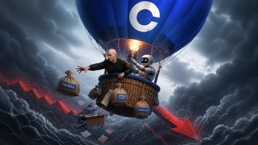 Coinbase hot air balloon dropping payroll and office cost bags during a market downturn as AI-driven restructuring and layoffs hit the crypto exchange
