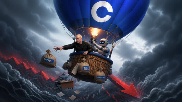 Coinbase hot air balloon dropping payroll and office cost bags during a market downturn as AI-driven restructuring and layoffs hit the crypto exchange