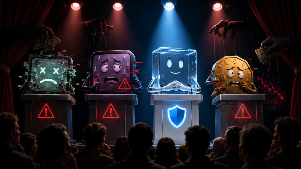 Animated DeFi platforms on a stage showing security risks, scams, and safe protocol protection as investors evaluate where to deposit crypto in 2026