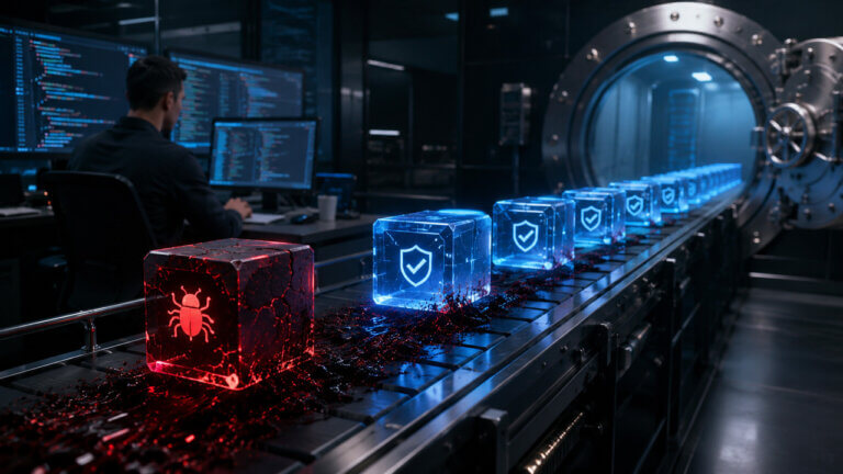 Red bug-filled code block moving through a secure vault pipeline, illustrating how the next DeFi exploit may emerge before smart contract deployment and security review.