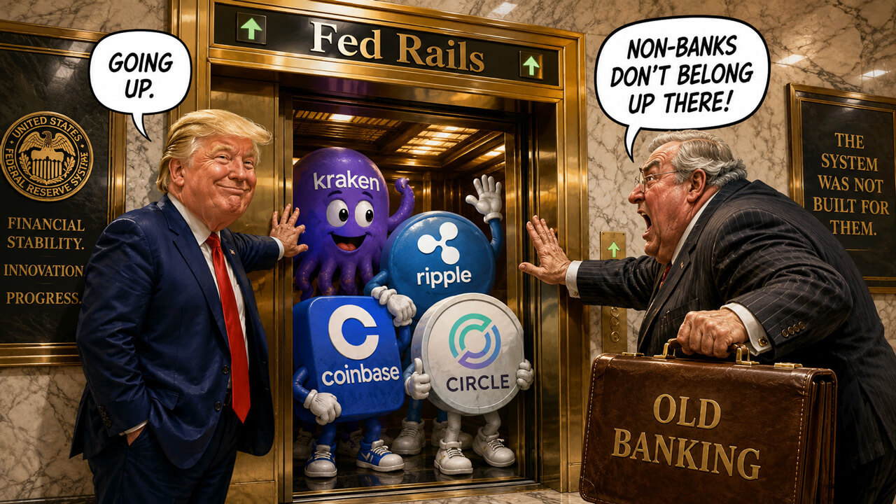Trump, Kraken, Ripple, Coinbase and Circle approach Fed payment rails as an old banking figure objects.