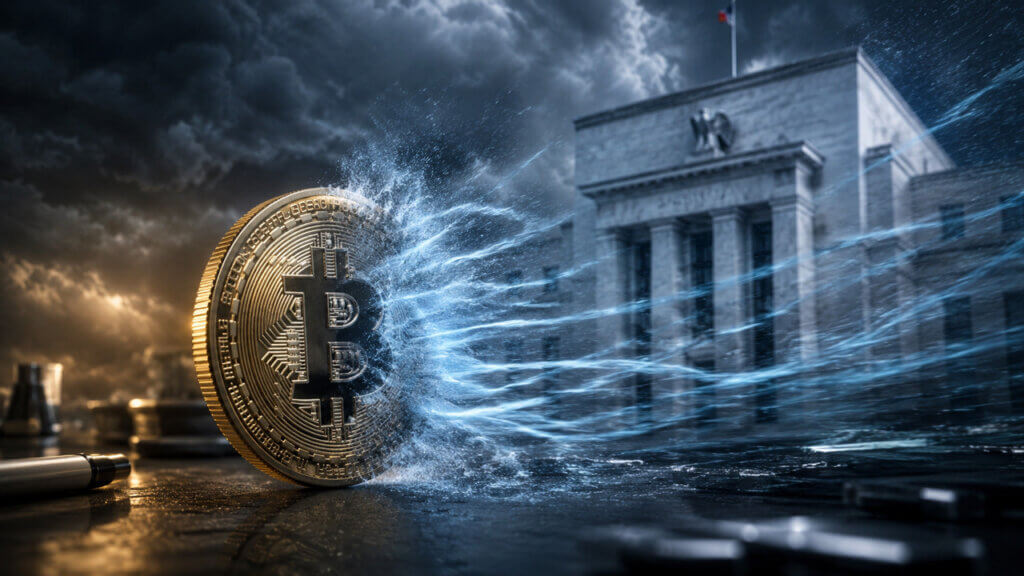 Bitcoin coin disintegrating into market shockwaves outside the Federal Reserve as bond market volatility pressures crypto sentiment