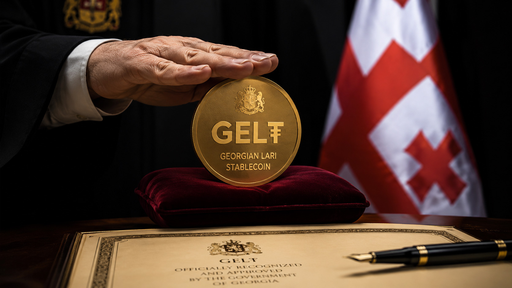 GEL₮ Georgian lari stablecoin displayed with official ceremony setting and Georgian flag symbolizing Tether-backed national payment rail expansion in Georgia