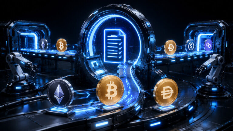 Automated DeFi system processing Bitcoin, Ethereum, and stablecoin transactions to illustrate how flash loans work in decentralized finance