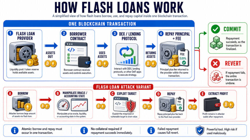 Infographic explaining how flash loans borrow, use, and repay assets within one blockchain transaction, including commit, revert, and attack variant flows