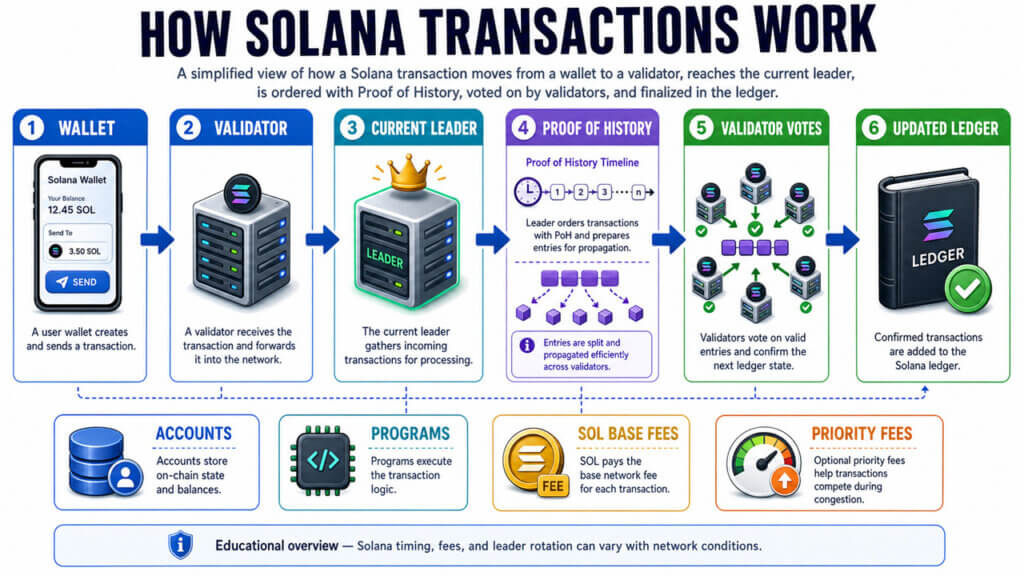 An infographic illustrating the step-by-step process of how Solana transactions are created, processed by validators and leaders using Proof of History, and finalized in the blockchain ledger.