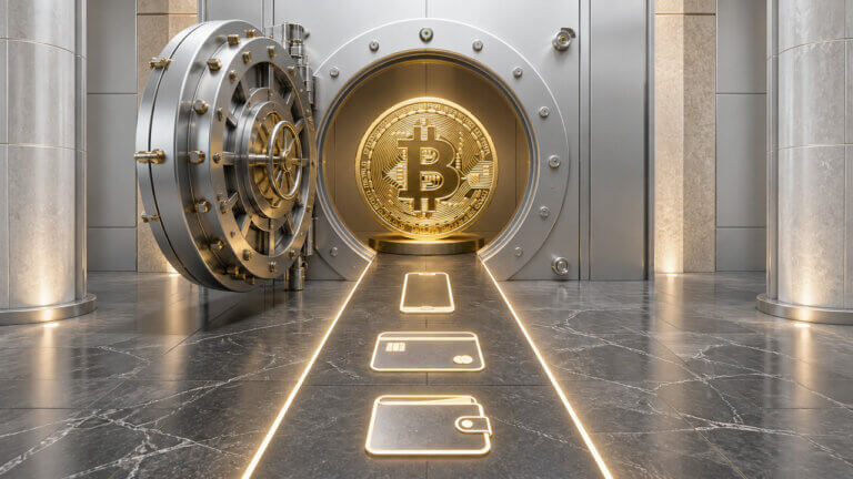 Bitcoin stored inside a secure vault with payment card and wallet icons illustrating the process of buying and safely holding BTC