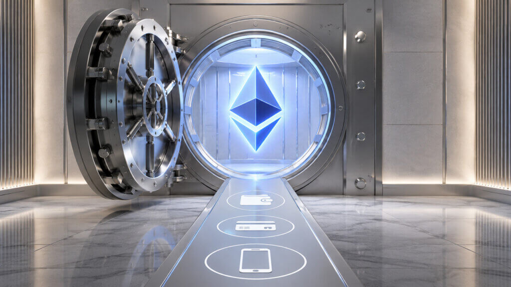Ethereum symbol inside a secure digital vault with payment and wallet icons representing the process of buying and storing ETH safely