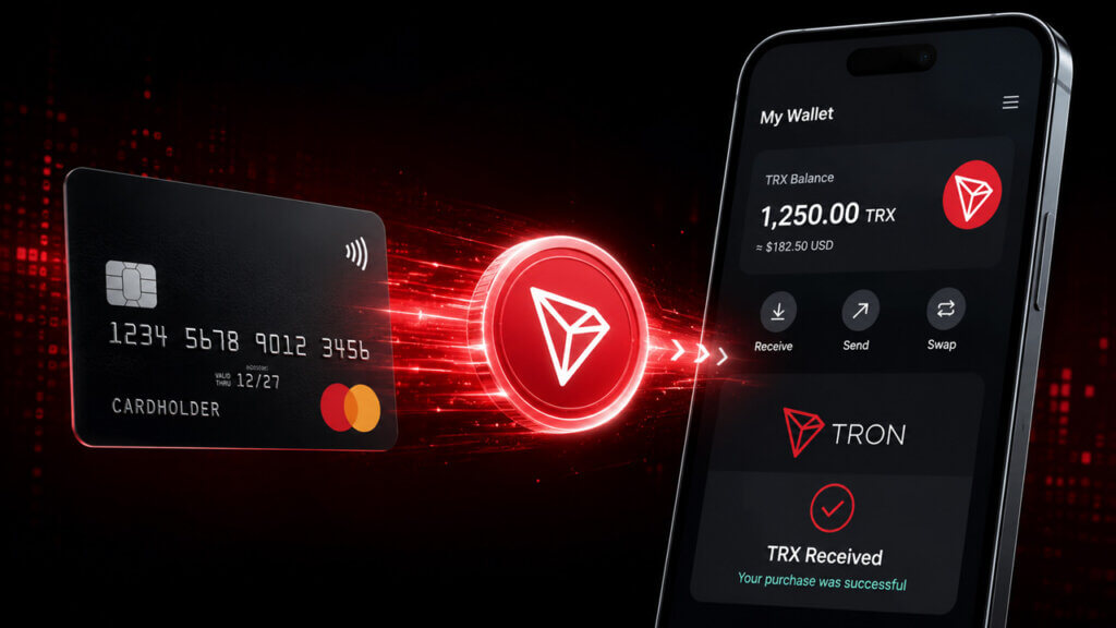 TRON TRX token purchase shown transferring from bank card to crypto wallet mobile app interface