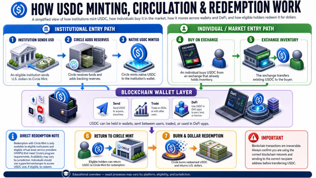 An infographic illustrating how USDC is minted by institutions, circulated through exchanges and wallets, and ultimately redeemed for U.S. dollars.