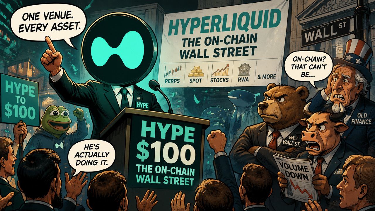 Comic-style illustration of Hyperliquid as an on-chain Wall Street platform, with HYPE price hype and traditional finance observers in the crowd.
