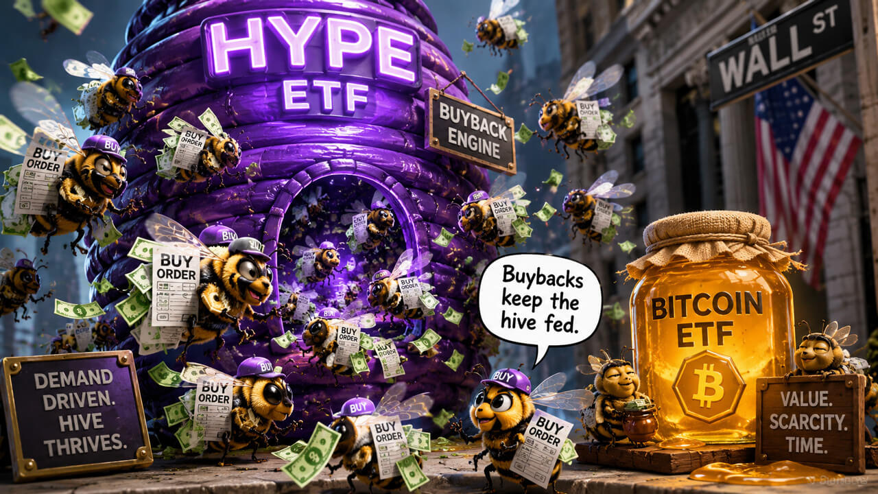 Illustration of a HYPE ETF frenzy on Wall Street, with bees carrying buy orders and cash around a large purple ETF machine beside a Bitcoin ETF bag.