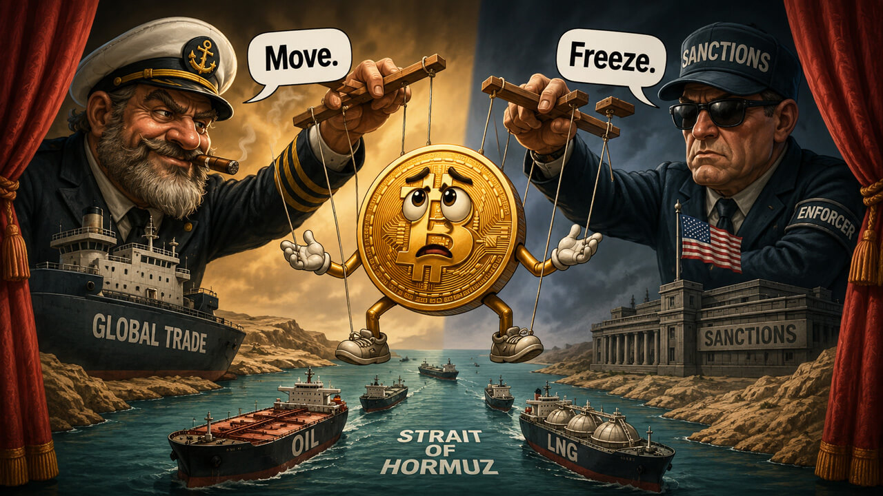 Satirical image of Bitcoin caught between global trade and US sanctions over the Strait of Hormuz.