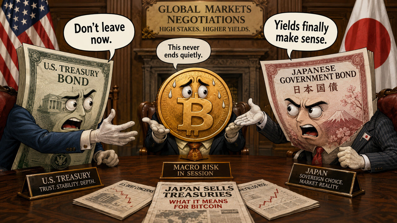 Cartoon illustration of US and Japanese government bonds arguing with Bitcoin during global market negotiations.