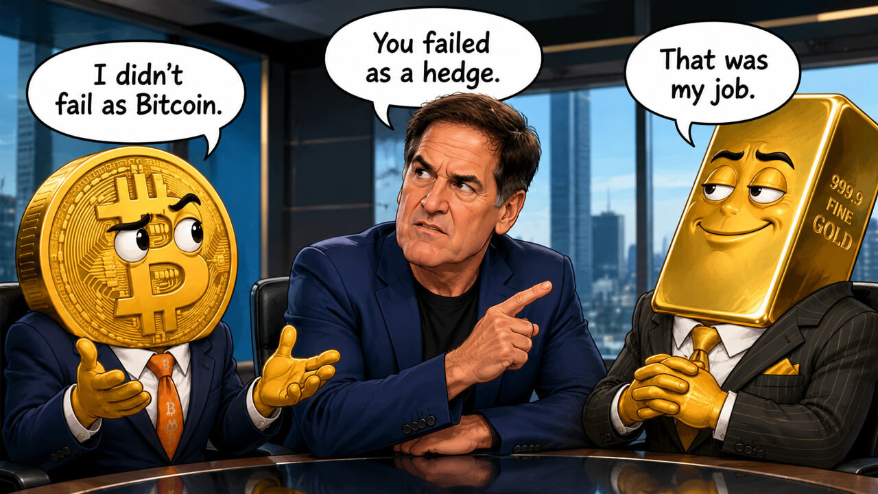 Cartoon image of Mark Cuban sitting between Bitcoin and gold characters, with speech bubbles debating whether Bitcoin failed as a hedge.