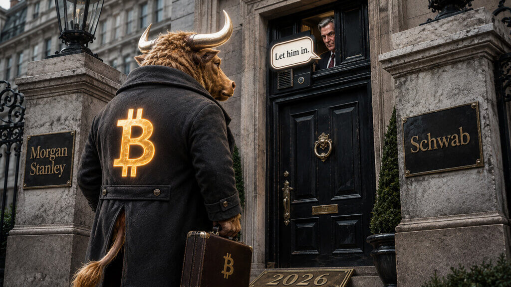 Bitcoin-themed bull arriving at Morgan Stanley and Schwab offices as major Wall Street firms accelerate their expansion into crypto services