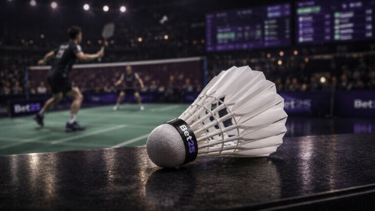 Bet25 badminton betting scene with shuttlecock in focus and live sportsbook odds displayed beside an indoor match arena