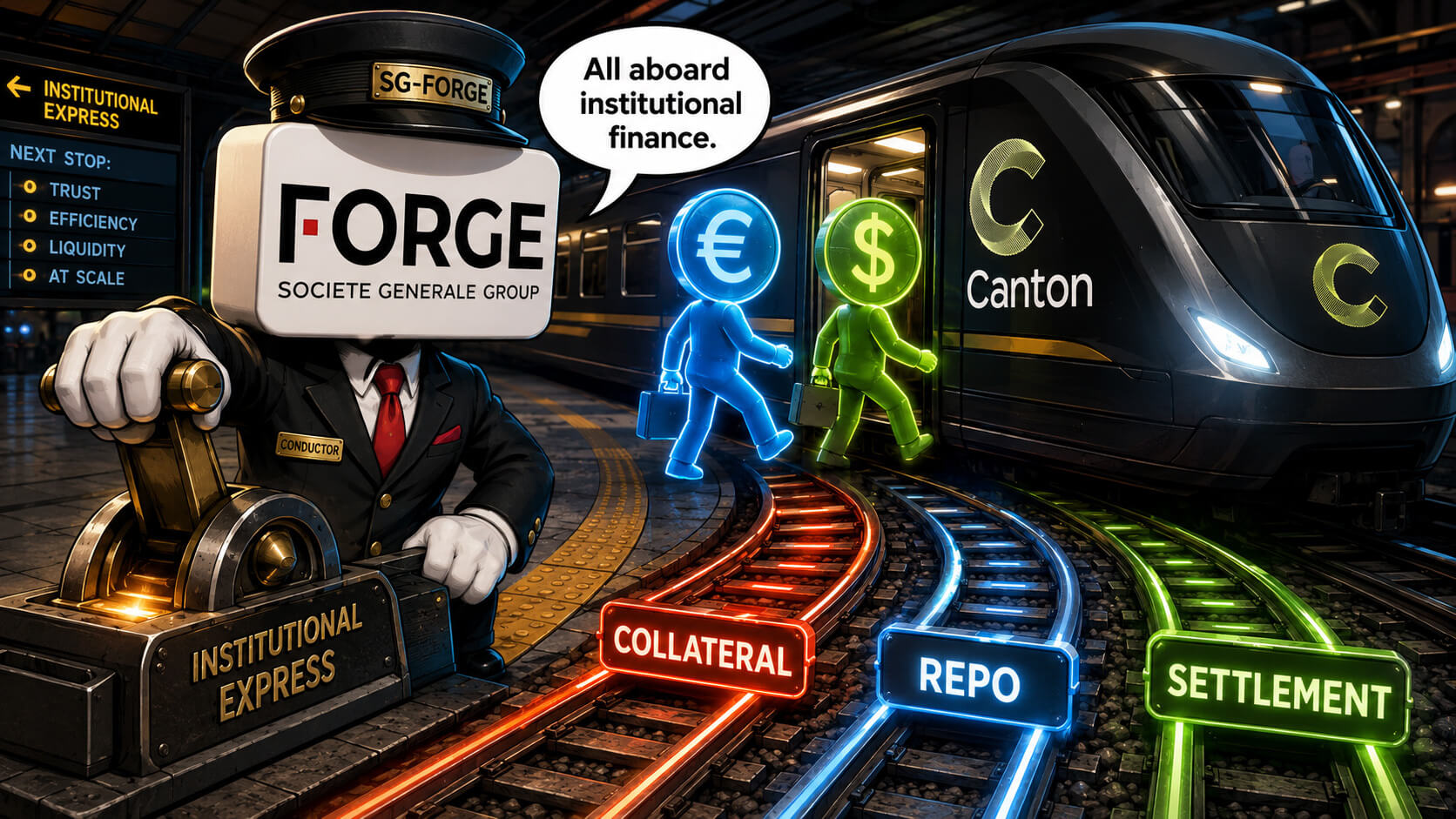 Societe Generale stablecoin strategy illustrated as institutional finance train tracks with collateral, repo, and settlement rails.