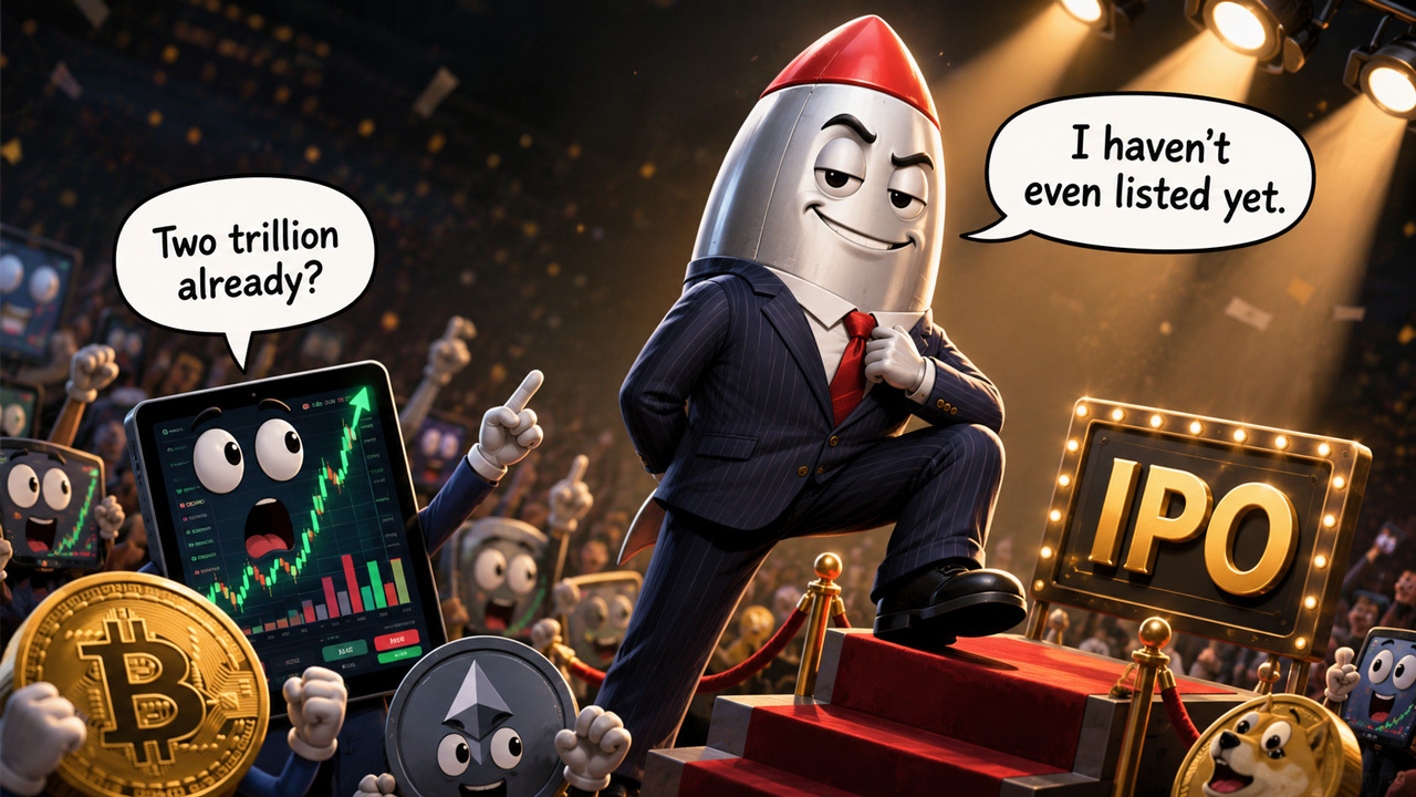 Cartoon rocket executive entering an IPO stage as crypto coins and traders react to SpaceX pre-IPO market pricing.