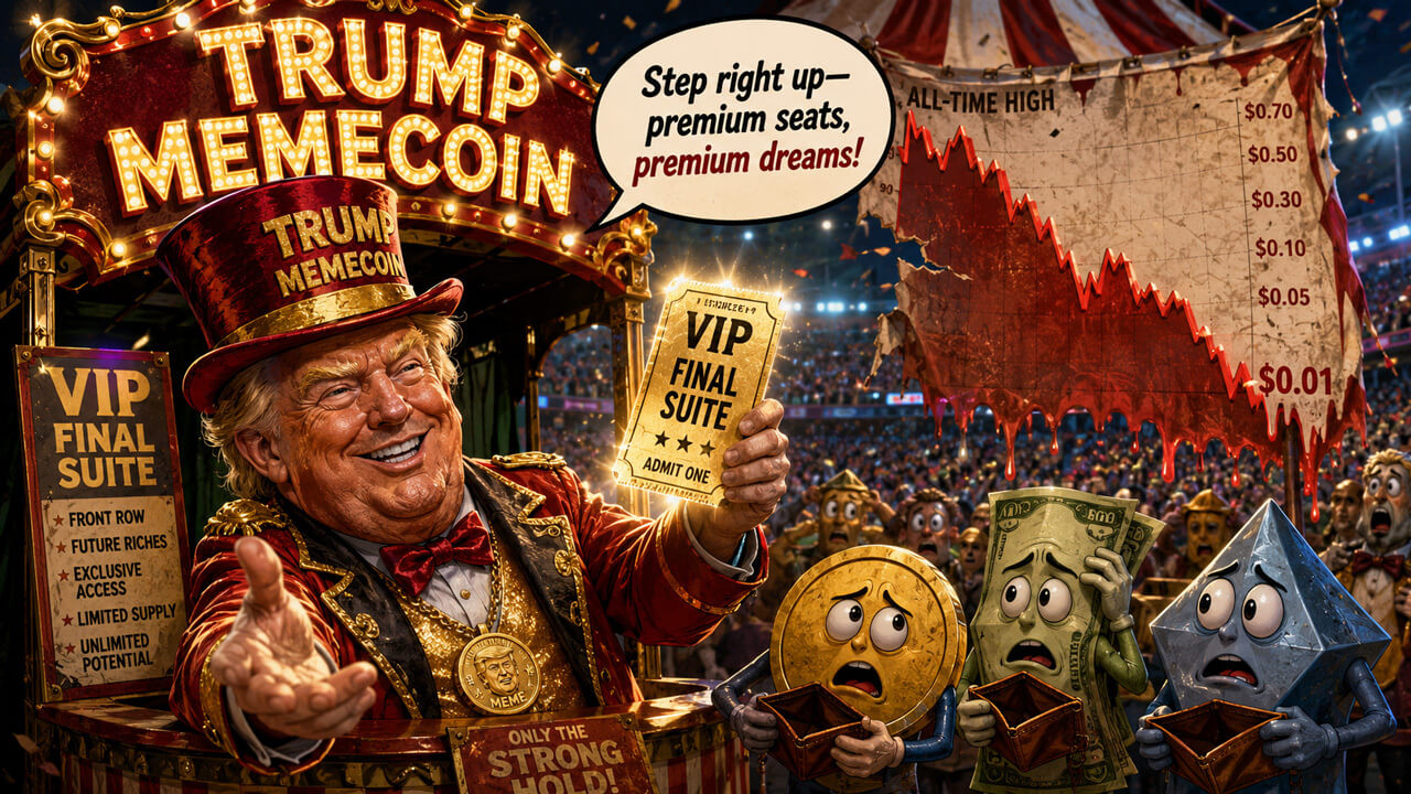 Satirical illustration of Donald Trump promoting a Trump memecoin as crypto tokens react to a falling price chart
