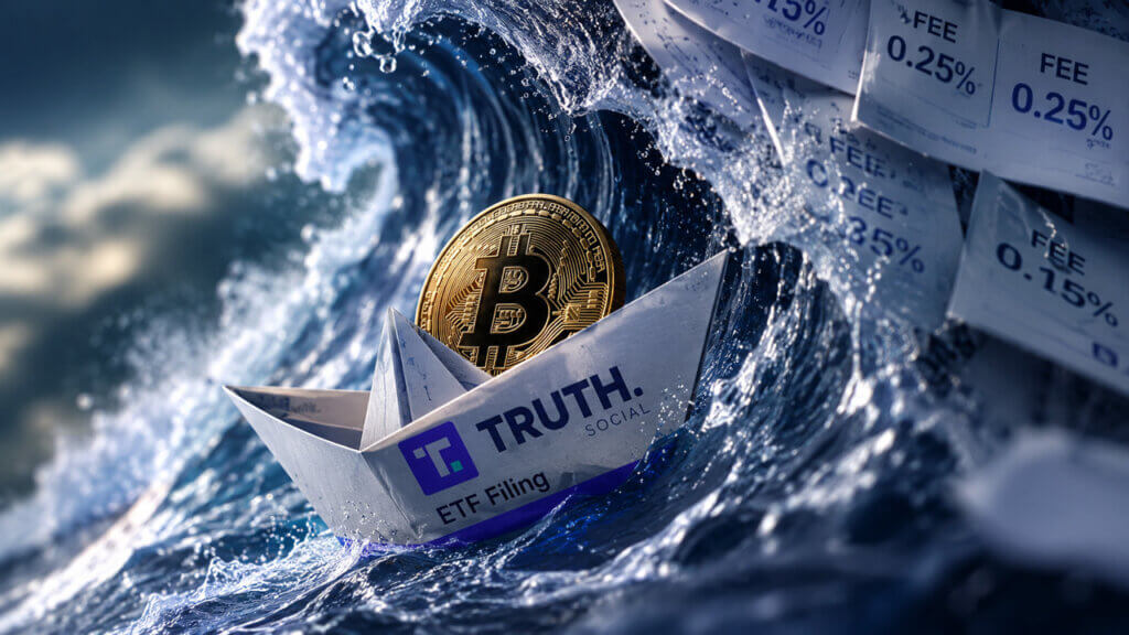 Paper boat labeled Truth Social ETF filing carrying Bitcoin through a violent market wave as fee pressure and investor exits signal growing stress in spot Bitcoin ETFs