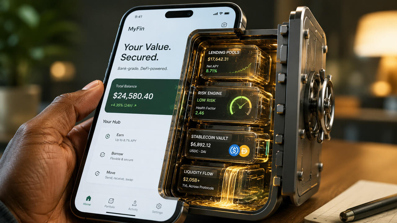 Mobile neobank app connected to a transparent DeFi vault system displaying stablecoin lending pools and automated crypto yield infrastructure