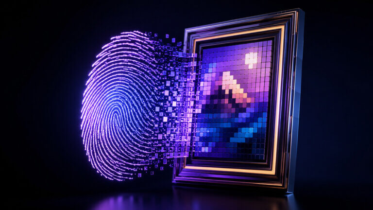 Digital fingerprint transforming into pixel art inside a frame representing NFTs, digital ownership, and blockchain-based collectibles