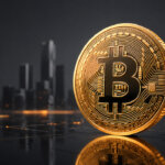 Gold Bitcoin coin displayed against a modern digital city backdrop representing decentralized cryptocurrency and blockchain technology