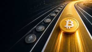 Bitcoin dominance illustration showing BTC leading the crypto market ahead of major altcoins on parallel trading lanes