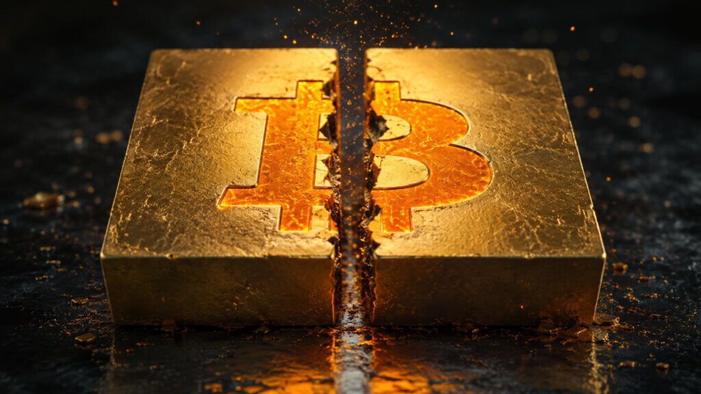 Split Bitcoin block symbol illustrating the Bitcoin halving process that reduces mining rewards and new BTC supply over time