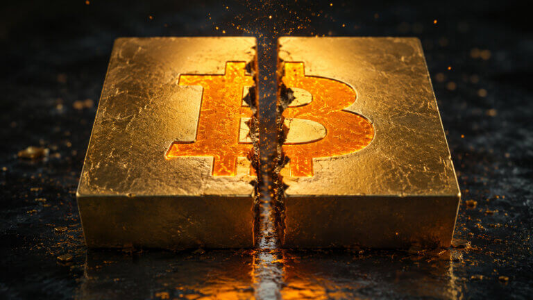 Split Bitcoin block symbol illustrating the Bitcoin halving process that reduces mining rewards and new BTC supply over time