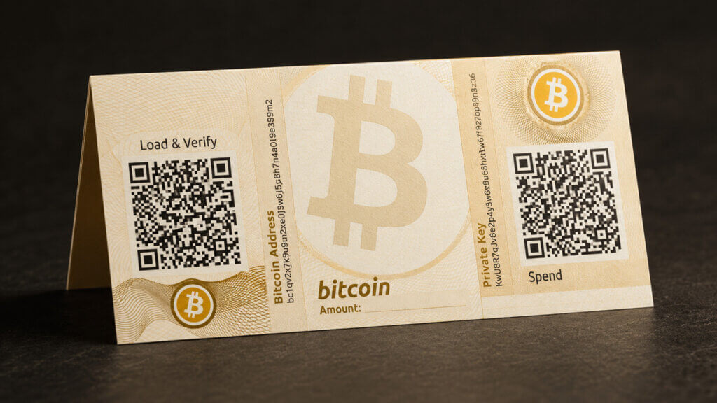 Bitcoin paper wallet with QR codes for public and private keys used for offline crypto storage and security